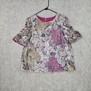 Anthropologie Floral Sequin Blouse With Ruched Sleeves Size 8